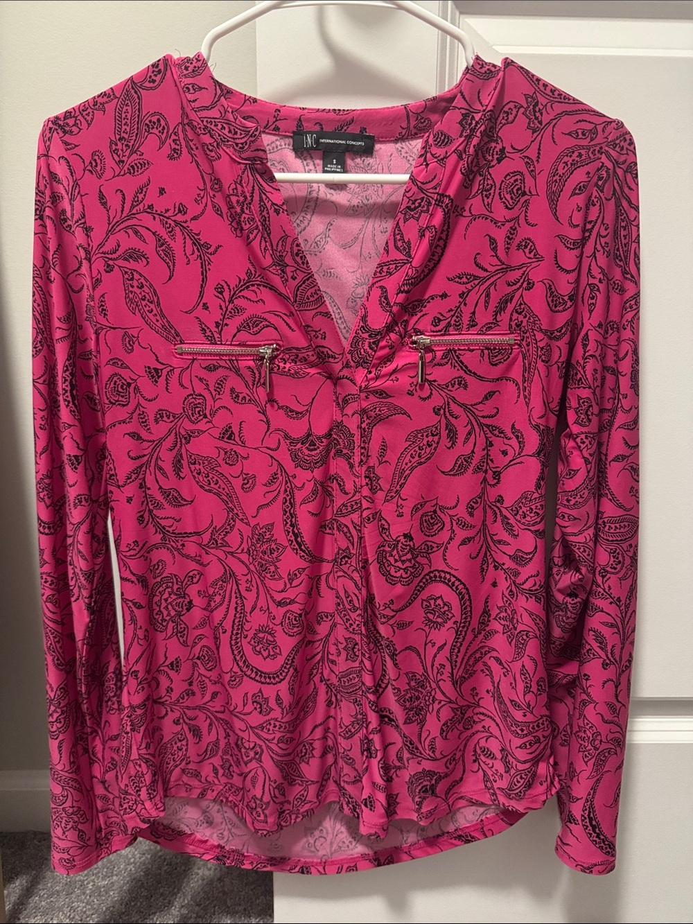 INC International Concepts Hot Pink Paisley Zip-Pocket Long Sleeve Top